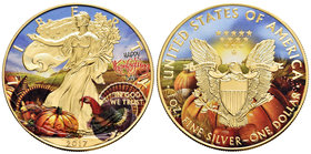 United States. 1 dollar. 2017. Ag. 31,10 g. Coloured Edition and gold plated. Thanksgiving Day. PR. Est...50,00.