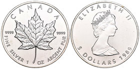 Canada. Elizabeth II. 5 dollars. 1989. Maple Leaf. (Km-163). Ag. 31,26 g. UNC. Est...20,00.