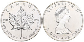 Canada. Elizabeth II. 5 dollars. 1989. Maple Leaf. (Km-163). Ag. 31,34 g. UNC. Est...25,00.