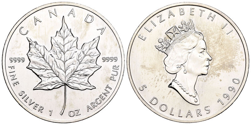 Canada. Elizabeth II. 5 dollars. 1990. Maple Leaf. (Km-187). Ag. 31,54 g. Raya. ...