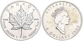Canada. Elizabeth II. 5 dollars. 1990. Maple Leaf. (Km-187). Ag. 31,54 g. Raya. Almost UNC. Est...18,00.