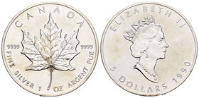 Canada. Elizabeth II. 5 dollars. 1990. Maple Leaf. (Km-187). Ag. 31,38 g. Pequeñas marcas. Almost UNC. Est...18,00.