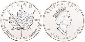 Canada. Elizabeth II. 5 dollars. 1991. Maple Leaf. (Km-187). Ag. 31,42 g. UNC. Est...20,00.