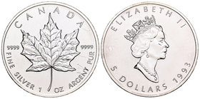 Canada. Elizabeth II. 5 dollars. 1993. Maple Leaf. (Km-187). Ag. 31,40 g. UNC. Est...20,00.