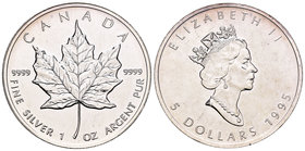 Canada. Elizabeth II. 5 dollars. 1995. Maple Leaf. (Km-187). Ag. 31,28 g. UNC. Est...20,00.