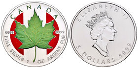 Canada. Elizabeth II. 5 dollars. 1999. Maple Leaf. Ag. 31,32 g. Coloured Edition. Canadian Flag. UNC. Est...40,00.