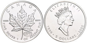 Canada. Elizabeth II. 5 dollars. 2000. Maple Leaf. (Km-187). Ag. 31,34 g. Marca: fuegos artificiales. UNC. Est...25,00.
