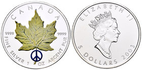 Canada. Elizabeth II. 5 dollars. 2003. Maple Leaf. Ag. 31,11 g. Coloured Edition. Peace symbol. UNC. Est...40,00.