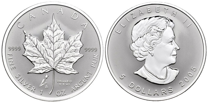 Canada. Elizabeth II. 5 dollars. 2005. Maple Leaf. (Km-625). Ag. 31,10 g. Marca ...
