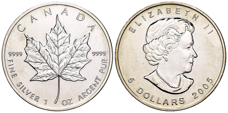 Canada. Elizabeth II. 5 dollars. 2005. Maple Leaf. (Km-625). Ag. 31,10 g. UNC. E...