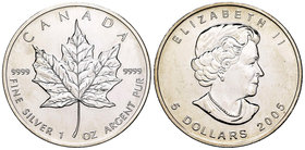 Canada. Elizabeth II. 5 dollars. 2005. Maple Leaf. (Km-625). Ag. 31,10 g. UNC. Est...25,00.