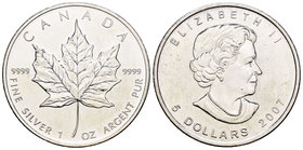 Canada. Elizabeth II. 5 dollars. 2007. Maple Leaf. (Km-625). Ag. 31,38 g. UNC. Est...25,00.