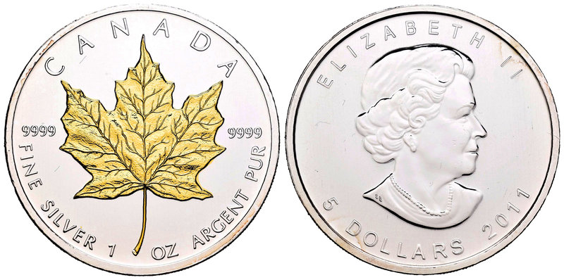 Canada. Elizabeth II. 5 dollars. 2011. Maple Leaf. Ag. 31,11 g. Partial Gold Pla...