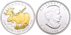 Canada. Elizabeth II. 5 dollars. 2012. (Km-1241 variante). Ag. 31,11 g. Partial Gold Plated. Maple. UNC. Est...30,00.