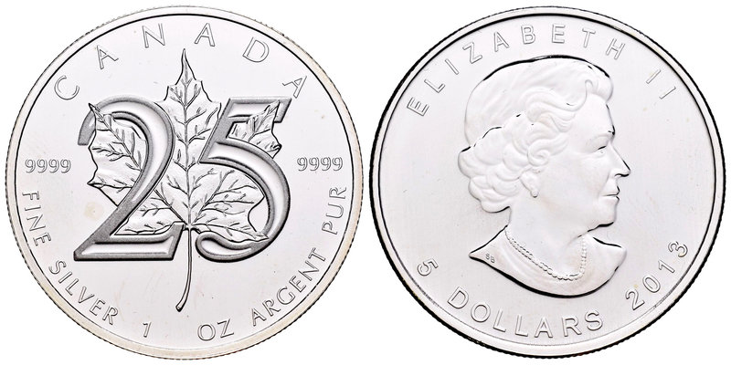 Canada. Elizabeth II. 5 dollars. 2013. Maple Leaf. Ag. 31,11 g. 25th Anniversay....