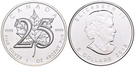 Canada. Elizabeth II. 5 dollars. 2013. Maple Leaf. Ag. 31,11 g. 25th Anniversay. UNC. Est...25,00.