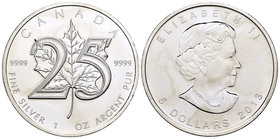 Canada. Elizabeth II. 5 dollars. 2013. Maple Leaf. Ag. 31,11 g. 25th Anniversay. UNC. Est...25,00.