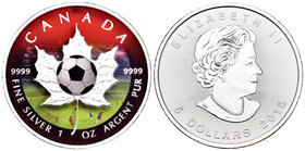 Canada. Elizabeth II. 5 dollars. 2016. Maple Leaf. Ag. 31,11 g. Coloured Edition. Soccer. UNC. Est...40,00.