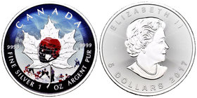 Canada. Elizabeth II. 5 dollars. 2017. Maple Leaf. Ag. 31,11 g. Coloured Edition. Ice Hockey. UNC. Est...40,00.