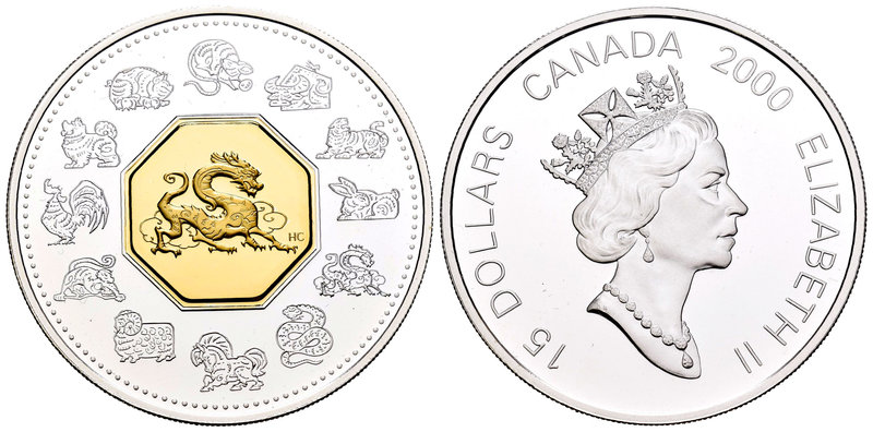 Canada. Elizabeth II. 15 dollars. 2000. (Km-387). Ag. 33,63 g. Year of dagron. P...