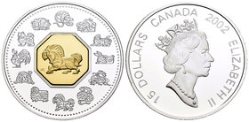 Canada. Elizabeth II. 15 dollars. 2002. (Km-463). Ag. 33,63 g. Year of Horse. Partial gold plated. PR. Est...30,00.