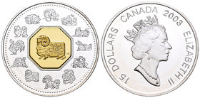 Canada. Elizabeth II. 15 dollars. 2002. (Km-481). Ag. 33,63 g. Year of the Goat. Partial gold plated. PR. Est...30,00.