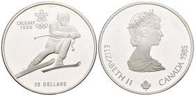 Canada. Elizabeth II. 20 dollars. 1985. (Km-145). Ag. 33,63 g. Juegos Olímpicos Calgary 1988. PR. Est...25,00.