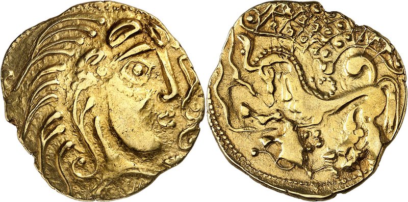 GAULE
Parisii (60-40 av. J.C.). Statère d’or classe V.
Av. Profil à droite à l...