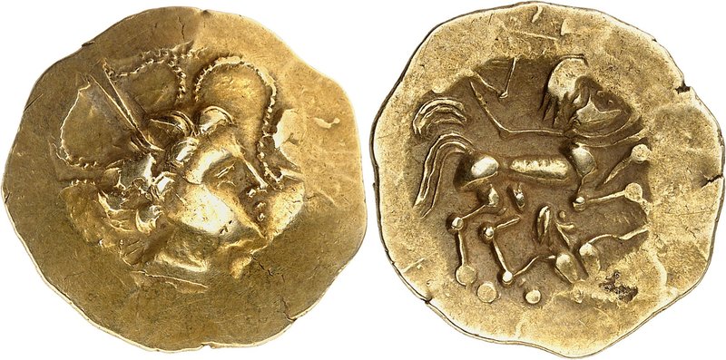 GAULE
Namnètes, région de Nantes (IIème-Ier siècle av. J.C.). Statère d’or à l’...