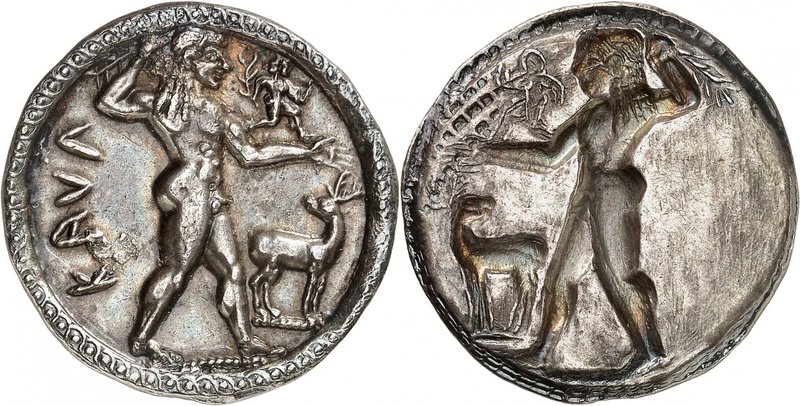 GRÈCE ANTIQUE
Bruttium, Caulonia (525-500 av. J.C.). Statère d’argent.
Av. Apo...