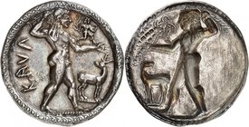 GRÈCE ANTIQUE
Bruttium, Caulonia (525-500 av. J.C.). Statère d’argent.
Av. Apollon marchant à droite, tenant une branche de la main droite, un perso...
