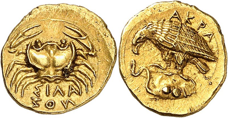 GRÈCE ANTIQUE
Sicile, Agrigente (410-406 av. J.C.). Diobole d’or.
Av. ΣIΛA-NOΣ...