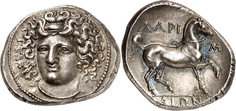 GRÈCE ANTIQUE
Thessalie, Larissa (356-342 av. J.C.). Statère d’argent.
Av. Têt...