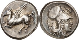 GRÈCE ANTIQUE
Illyrie, Dyrrachion. Statère d’argent, frappé vers 344 av. J.C.
Av. Pégase volant à gauche. Rv. Tête casquée à droite d’Athéna un daup...