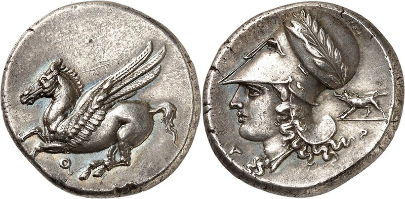 GRÈCE ANTIQUE
Corinthe (375-300 av. J.C.). Statère d’argent.
Av. Pégase volant...