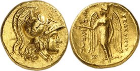 GRÈCE ANTIQUE
Royaume Séleucide, Seleukos I Nikator (312-281 av. J.C.). Statère d’or, Suse, frappé vers 295/4-291 av. J.C.
Av. Tête d’Athéna à droit...