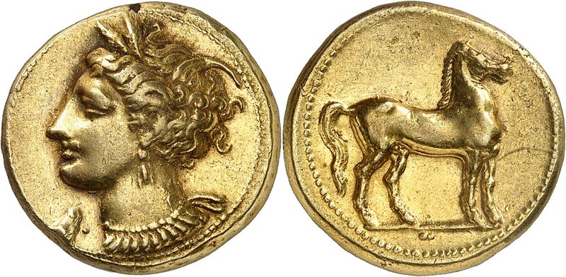 GRÈCE ANTIQUE
Zeugitane, Carthage (320-310 av. J.C.). Statère d’éléctrum.
Av. ...