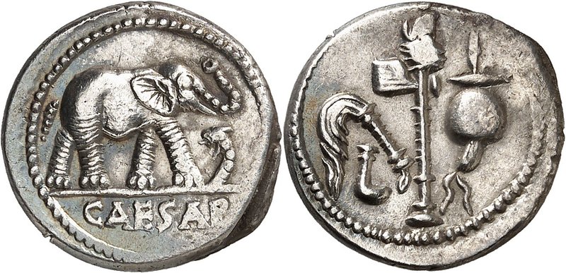 RÉPUBLIQUE ROMAINE
Jules César (60-44 av. J.C.). Denier.
Av. Éléphant à droite...