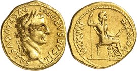 EMPIRE ROMAIN
Tibère (14-37). Aureus, Lyon.
Av. Tête laurée à droite. Rv. Livie assise à droite.
Cal. 305a. 7,61 g.
TTB