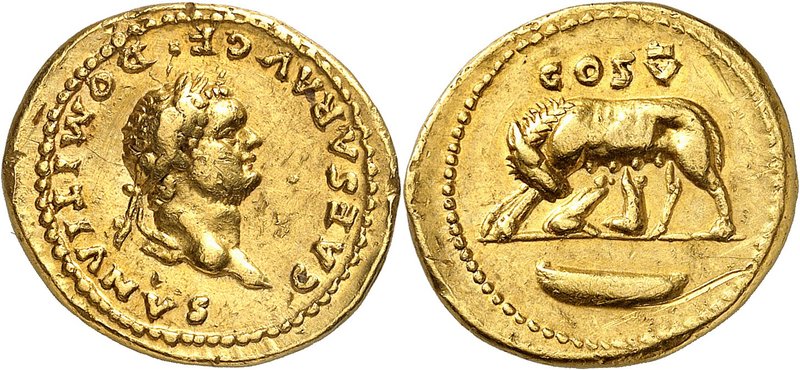 EMPIRE ROMAIN
Domitien (81-96). Aureus 77-78, Rome.
Av. Buste lauré à droite. ...