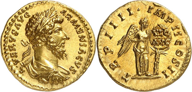 EMPIRE ROMAIN
Lucius Verus (161-169). Aureus 163-164, Rome.
Av. Buste drapé et...