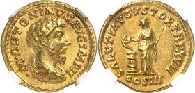 EMPIRE ROMAIN
Marc Aurèle (161-180). Aureus 161-162, Rome.
Av. Buste drapé à droite. Rv. Salus debout à gauche.
Cal. 1850. 7,18 g.
NGC AU 5/5 5/5....