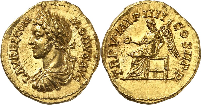 EMPIRE ROMAIN
Commode (177-192). Aureus 180, Rome.
Av. Buste drapé et lauré à ...