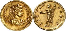 EMPIRE ROMAIN
Caracalla (198-217). Aureus 199-200, Rome.
Av. Buste lauré et drapé à droite. Rv. Le Soleil debout de face, la tête tournée à gauche e...