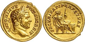 EMPIRE ROMAIN
Caracalla (198-217). Aureus 210-213, Rome.
Av. Tête laurée à droite. Rv. Securitas assise à droite.
Cal. 2813. 7,34 g.
Provenance : ...