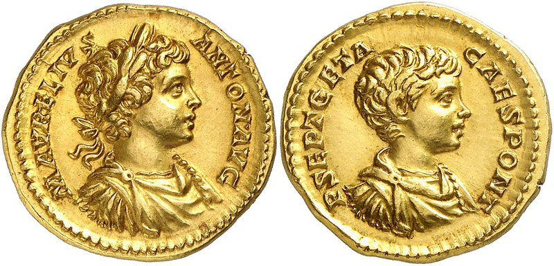 EMPIRE ROMAIN
Caracalla et Géta (198-217). Aureus 198, Rome.
Av. Buste drapé e...