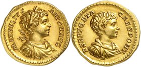 EMPIRE ROMAIN
Caracalla et Géta (198-217). Aureus 198, Rome.
Av. Buste drapé et lauré à droite. Rv. Buste drapé à droite.
Cal. 2863, 7,28 g.
Rare,...