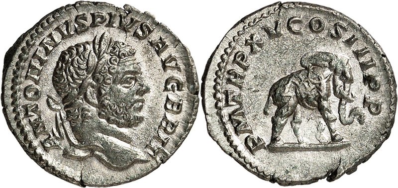 EMPIRE ROMAIN
Caracalla (198-217). Denier 212, Rome.
Av. Buste lauré à droite....