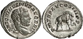 EMPIRE ROMAIN
Caracalla (198-217). Denier 212, Rome.
Av. Buste lauré à droite. Rv. Éléphant à droite.
Ric. 199. 2,85 g.
Exemplaire exceptionnel po...