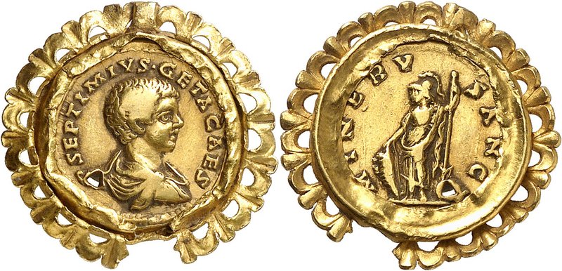 EMPIRE ROMAIN
Géta (209-211). Aureus, Rome, monté en pendentif 
Av. Buste drap...
